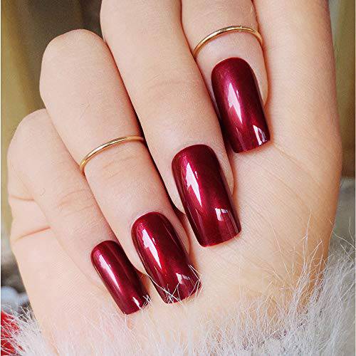 Specular Reflection Vampire Wine Red False Nails 24 Pcs Square Long Solid Nail Tips with Glue Sticker New Nail Art Decor