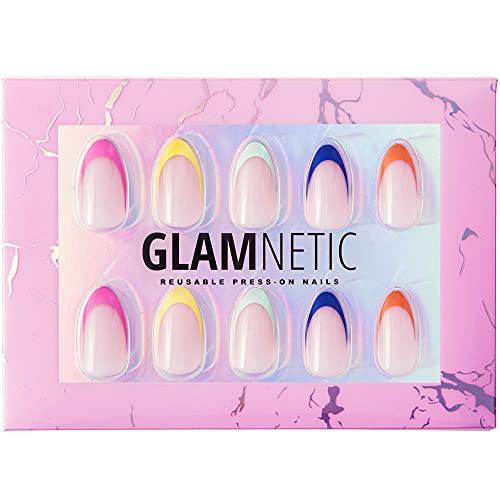 Glamnetic Press On Nails - Sprinkles | Rainbow French Tip Nails, UV Finish Short Pointed Almond Shape, Reusable Semi-Transparent Nails in 12 Sizes - 24 Nail Kit with Glue