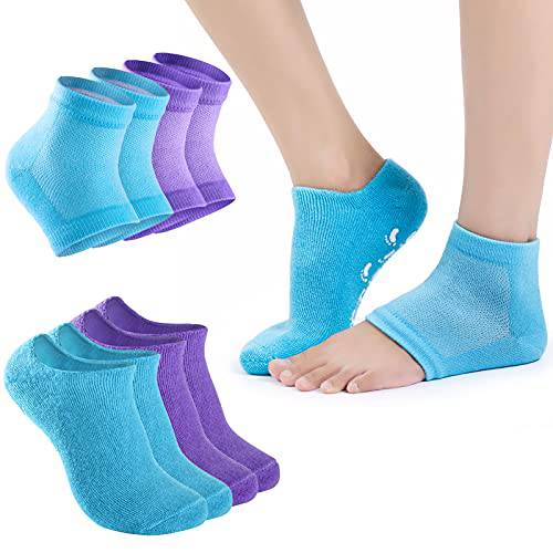 CLHUA Gel Moisturizing Heel Socks, 4 Pairs Gel Spa Socks for Dry Cracked Feet Repairing and Softening, Toeless Socks Soft Gel Lining Footcare Socks for Women & Men, 4pairs-blue，purple