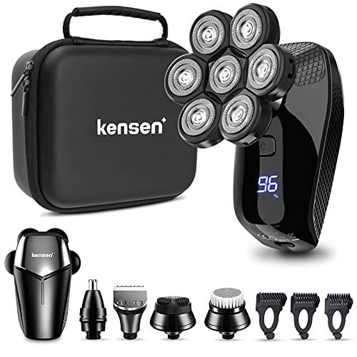 kensen 7D Head Shaver, 5 in 1 Bald Head Shavers for Men, Head Electric Razor with Nose Hair Sideburns Trimmer, Waterproof Wet/Dry Mens Grooming Kit, LED Display, USB Rechargeable, Gifts Travel Case