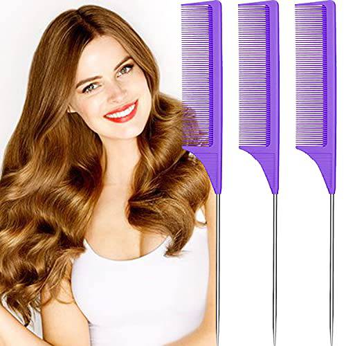 Generic 3 Pack Rat Tail Comb Steel Pin Carbon Fiber Heat Resistant Parting Combs with Stainless Steel Pintail Purple