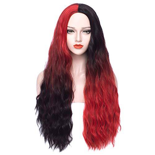 Mildiso Black Red Wigs for Women Long Curly Wavy Black Red Hair Wig Natural Cute Colorful Wig with Breathable Wig Net Perfect for Daily Party Cosplay M051R
