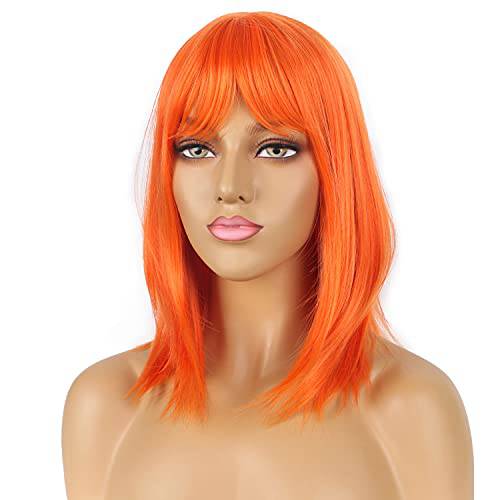 LANCAINI Bob Wigs with Bangs Orange Straight Shoulder Length Synthetic Wig for Women Heat Resistant Wig for Party Daily Wear (Orange)