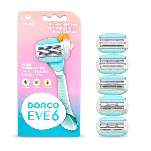 Dorco EVE 6 Razors for Women for Extra Close Shaving, (No Handle, 4 Pcs Razor Blade Refills), Double 3 Curved Blades with Bend-in-the-middle Razor Head, Womens Razors for Shaving, Interchangeable Cartridge for Sensitive Skin_4 Cartridges only, Stocking Stuffers