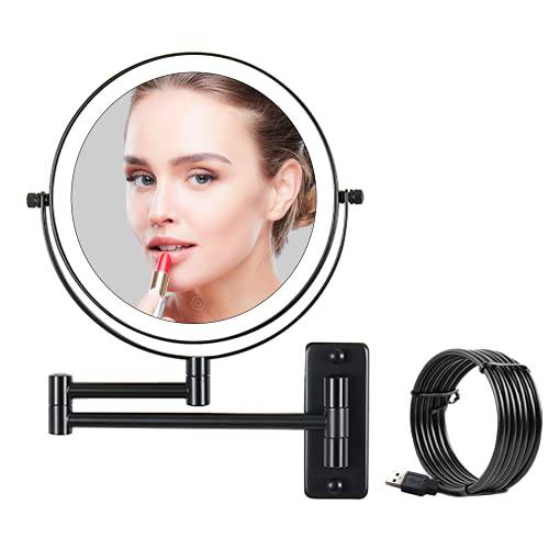 Wall Mounted Makeup Mirror，1X/10X Magnifying Mirror，Double-Sided Vanity Mirror with Lights, 3 Color Mode USB Port or Battery Charging，Touch Adjustable Light and Dark and Timing, Black