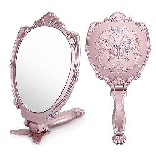 Decorative Hand Held Compact Mirror-Vintage Handheld Mirror Black Embossed Butterfly Design Folding Handle-Lightweight&Portable-180 Degrees Full Folding-Vanity Makeup Mirror Travel, Rose Gold