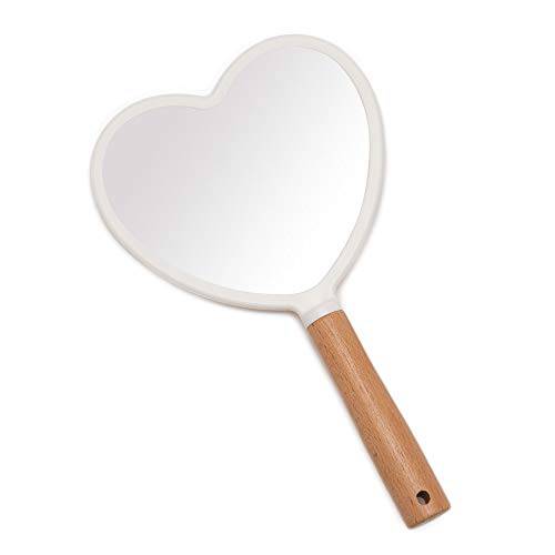 YEAKE Hand Held Mirror with Handle for Makeup,Small Cute Wood Hand Mirror for Shaving with Hole Hanging Single-Sided Portable Travel Vanity Mirror for Men&Women(Heart)