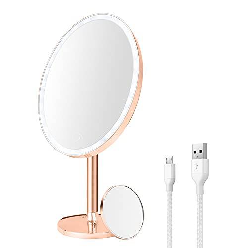FUCEORUY Vanity Mirror with Lights Makeup Mirror with Magnification 6’’ Portable Travel Makeup Mirror Dimmable LED Mirror Touch Screen Table Top Vanity Mirror for Bedroom, Bathroom, Desk (Rose Gold)