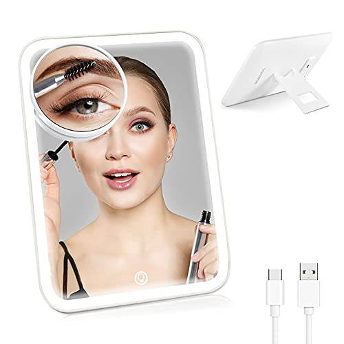 wobsion Rechargeable Travel Makeup Mirror, Lighted Portable Mirror, 360°Rotation Led Cosmetic Mirror, Touch Screen Vanity Mirror with Light,Dimmable Tabletop Mirror,Detachable 10x Magnifying Mirror