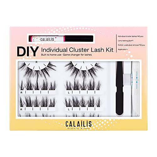 DIY Eyelash Extension,CALAILIS Individual Cluster Lash Extension Kit,Home Use 4 Pairs With Glue, Cotton Swab Glue Remover, Applicator CSD401