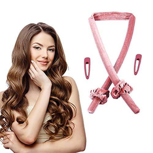 Heatless Curling Rod Headband - Upgrade Flat Top No Heat Overnight Hair Curlers for Long Hair with 2 Silk Hair Ties (PINK)
