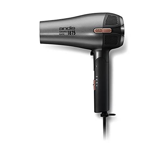 Andis 80280 Fold-n-go 1875 Watt Ceramic Ionic Dryer, Retractable Cord, Lightweight with Professional Blowout Results, Quick Drying Blow Dryer, Black/Silver