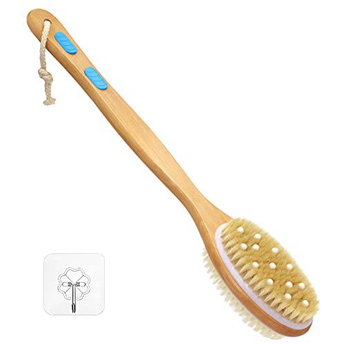 Wonderwin Double-Sided Long Handle Wooden Body Brush with Stiff and Soft Bristles, Back Scrubber for Shower, Exfoliating Brush to Exfoliate & Soften Skin, Dry and Wet Brushing with Exfoliating Gloves