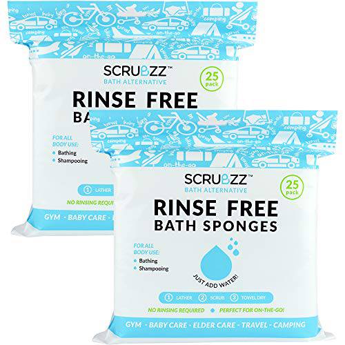 Scrubzz Disposable No Rinse Bathing Wipes - All-in-1 Single Use Shower Wipes, Simply Dampen, Lather, and Dry Without Shampoo or Rinsing, 50 Count (2 Pack)
