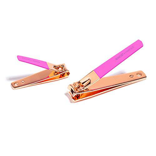 Almost Famous Beauty Ergonomic, Non-Slip, Soft-Touch Curved Nail Clippers Set with Wide Jaw, Sturdy Straight Blade for Fingernail Toenail Clippers - Pink (Pack of 2)
