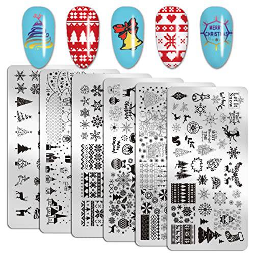WOKOTO 6Pcs Christmas Nail Stamping Plates For Christmas Nails Art Set Santa Claus Elk Snow Flakes Nail Art Stamp Plates Nail Image Templates Christmas Nail Plates For Nail Art Stamping Tools Set
