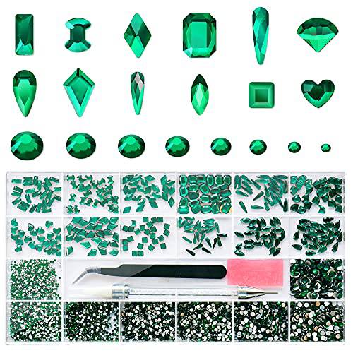 Molisaka Nail Art Rhinestones Kit, Mixed Size Green Flatback Crystal Rhinestones for Nails, Multi Shapes Glass Nail Jewels Diamonds with Nail Art Accessories in Storage Organizer
