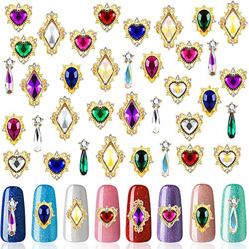 72 Pieces 3D Nail Art Rhinestones, Heart Nail Charms AB Iridescent 3D Nail Charm Diamond Nail Art Gem Alloy Gold Nail Gems for Women Girls Crafts Nail Decorations Manicure