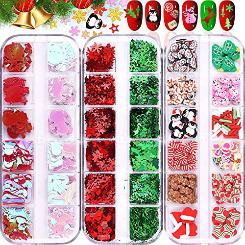 36 Grids Christmas Nail Art Sequins, EBANKU Holographic Snowflakes Santa Claus Snowman Flake Nail Glitter Sequins Colorful Sparkly Confetti Glitter for DIY Design Face Body Makeup Christmas Decoration