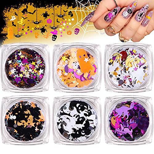 6 Boxes Halloween Nail Art Glitter Sequins, TOROKOM Holographic Laser 3D Pumpkin Skull Witch Confetti Glitter for Acrylic Nail Art Flakes Sparkly Manicure for Halloween Nail Art Party Supplies