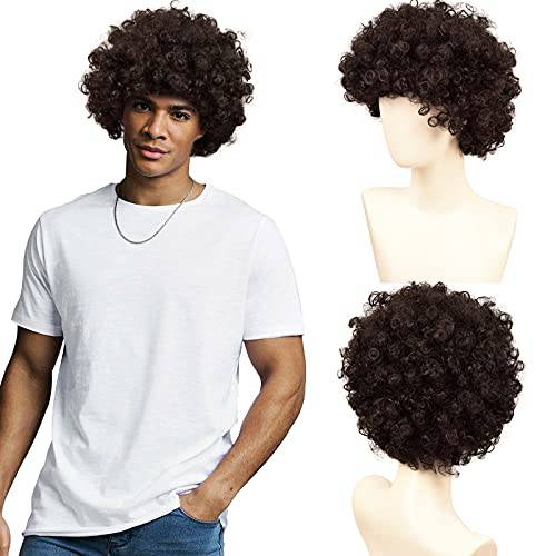 Short Black Fluffy Disco Afro Hippie Wigs, Shaggy Curly Wig for men,70s 80s Wigs Anime Rocker Wig Costume Cosplay Halloween Daily Wear Wig Heat Resistant Synthetic Wig