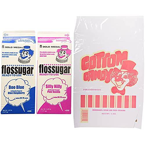 Concession Essentials - CE Floss Sugar -2pk Cotton Candy Floss Sugar 2 Pack (Pink Vanilla and Blue Raspberry) & Benchmark 83001 Cotton Candy Bag (Case of 100)