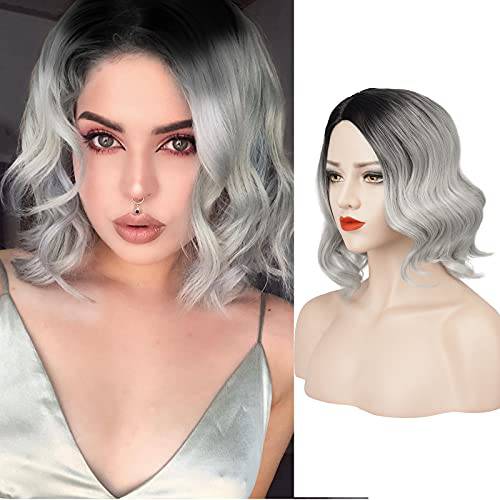 FESHFEN Bob Grey Pastel Wavy Wigs 14 Inch Short Ombre Curly Wavy Synthetic Wigs with R Part Shoulder Length Natural Looking Cosplay Costume Wig for Women Girls