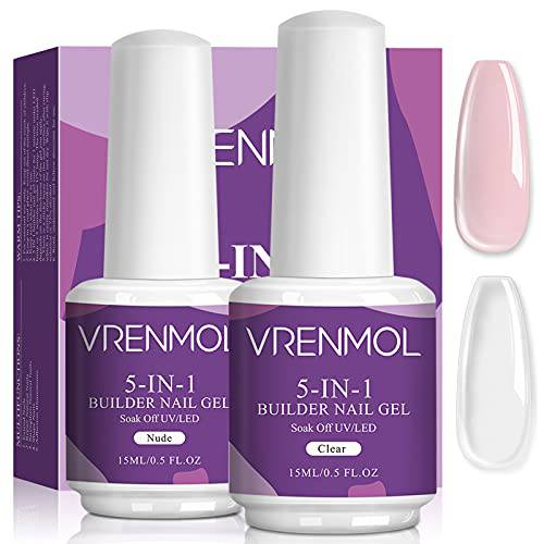 Vrenmol 5 in 1 Builder Base Nail Gel in a Bottle - 15ml Clear & Nudes Brush On Builder Nail Gel Set Nail Extension Gel for Professional Nail Strengthener Nails Repair Nails Extension Nail Art Decoration
