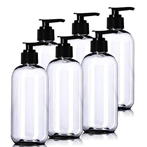8oz Plastic Clear Bottles (6 Pack) BPA-Free Squeeze Containers with Pump Cap, Labels Included