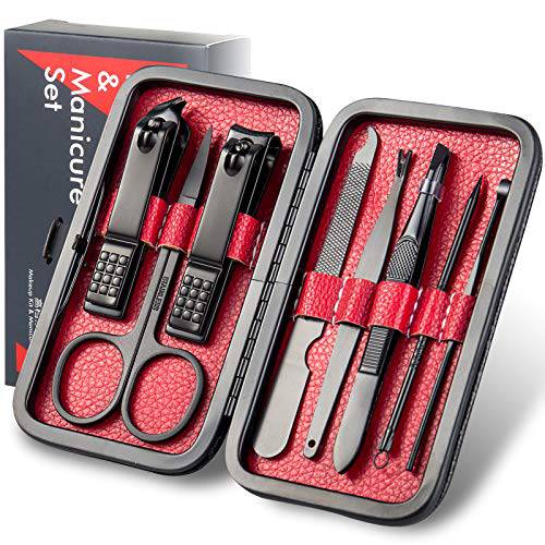 Manicure Set Pedicure Kit Nail Clippers Set 8 in1 High Precision Stainless Steel Cutter File Sharp Scissors for Men & Women Fingernails & Toenails Vibrissac Scissors with Stylish Case (black&red_8in1)