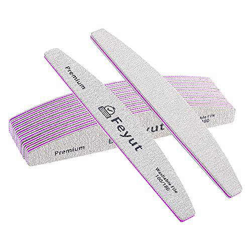 Feyut 12pcs Professional Nail File 100 180 Grit Double Sided White True Washable Nail Files, Fingernail Files High-end Emery Emory Boards for Nails, White-red