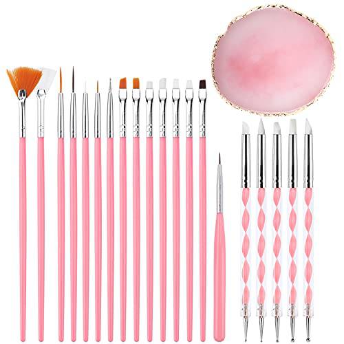 Resin Nail Art Palette,Nail Art Painting Mixed Color Palette, Gold Edge Nail Gel Color Makeup Display Board(Pink) 20Pcs Nail Art Brushes and Double-Ended Nail Dotting Tool for Nails