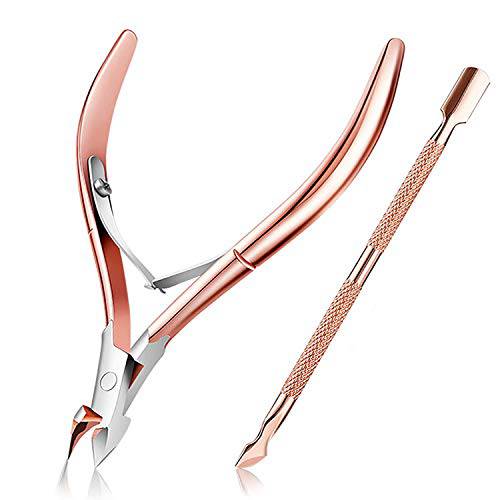 Cuticle Pusher with Cuticle Trimmer - Cuticle Remover Nail Kit for Ingrown Toenails, Cuticle Cutter Nippers for Nail Art Removal, Manicure and Pedicure Tool for Fingernails and Toenails, Rose Gold