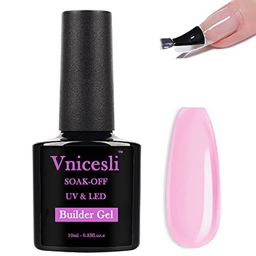 Vnicesli Builder Gel for Nails, 4 In 1 Transparent Jelly Pink Nail Extension Gel for Nail & Base Coat & Nail Strengthen Gel & Nail Repair Soak Off Hard Gel Builder Base Gel Nail Polish Sheer Pink 10ml