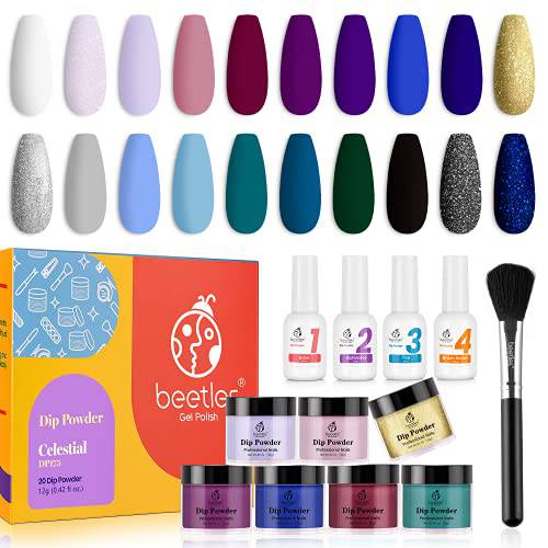 Beetles Dip Powder Nail Kit 20 Fall Dip Powder Colors Celestial Collection White Glitter Dipping Powder Set Blue Gold Glitter Dip Powder Nail Kit Starter with Dip Powder Base Activator and Top Coat