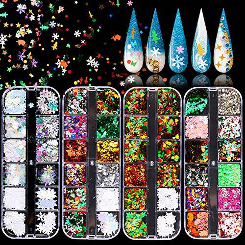 EBANKU 24 Grids Snowflakes Nail Art Sequins, Holographic Star Snowflake Tree Laser Nail Glitter Sequins, Flakes Colorful Confetti Nail Glitter, New Year Gift for Women Girl (2 box/24 Grids)