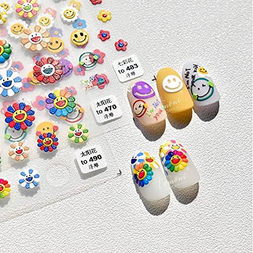 New 5D Stereoscopic Embossed Sun Flower Nail Art Stickers Decals, Candy Color Cartoon Smiling Face Sun Flower Colorful Flower Self-Adhesive Nail Stickers for Nail Art Decoration (3 Sheets)