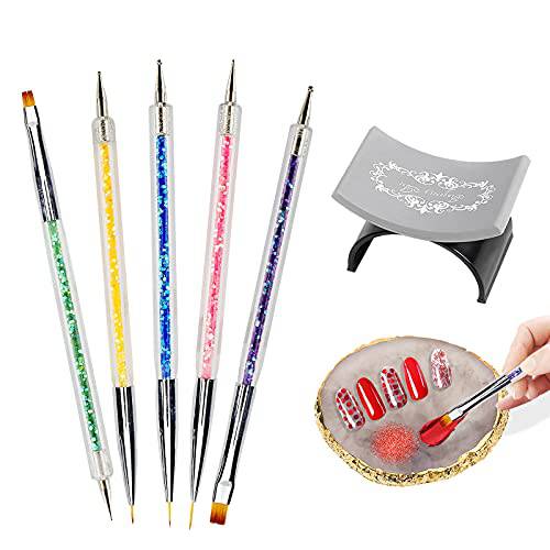 Ownsig 5pcs Double Ended Nail Art Liner Brushes with Resin Nail Art Palette, Nail Arm Rest Stand, Gel Polish Drawing Color Palette, Nail Dotting Pen, U Shape Nail Arm Stand, Nail Art Design Tool Set