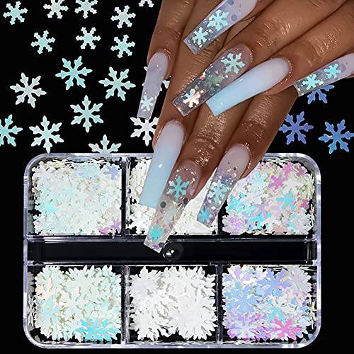 6 Grids 3D Snowflake Winter Nail Sequins - Snow Flakes Nail Glitter Christmas Snowflakes Designs Manicure, Xmas Nail Art Stickers for Winter, Nail Stickers for Christmas Party Accessories Decorations