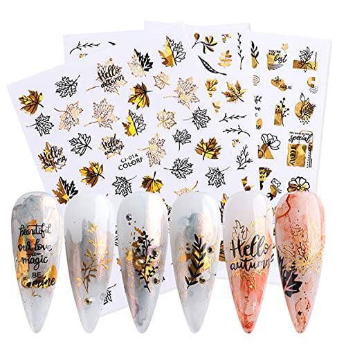 Fall Nail Stickers Autumn Maple Leaves Nail Decals Thanksgiving 3D Nail Art Supplies 9PCS Gold Maple Leaf Butterfly Abstract Face Rose Self-Adhesive Nail Art Stickers for Women Nail Decorations