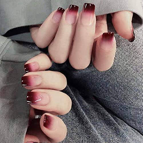 Yovic French Glossy Press on Nails Short Ombre Red Fake Nails Coffin False Nails Full Cover Artificil Nails for Women and Girls (24PCS)(Red)