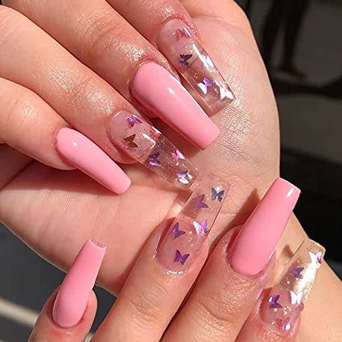 Aksod Glossy Gradient Pink Press on Nails Long Square Coffin Fake Nails Butterfly Glitter Sequins Art Acrylic False Nails Tips Ballerina Nails for Women and Girls (Pink B)