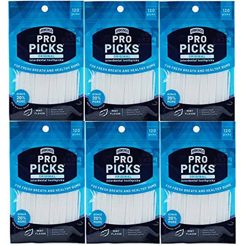 Armonds ProPicks Original Dental Picks for Teeth Cleaning - Disposable Plastic Toothpicks for Teeth & Gums - Cleans Teeth & Massages Gums - Fresh Mint Flavor - 6 Packages x 120 Interdental Tooth Picks