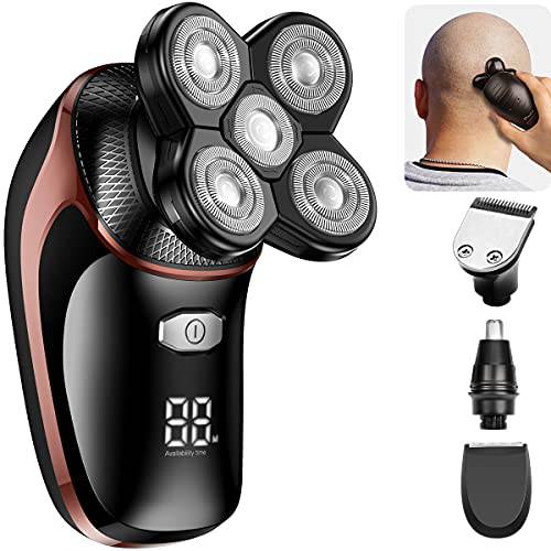 Head Shaver, ATEEN 5-in-1 Wet/Dry Bald Head Shavers for Men Anti-Pinch Head Electric Razor Grooming Kit Cordless Mens Rotary Shavers with LED Display, USB Rechargeable (Gold)