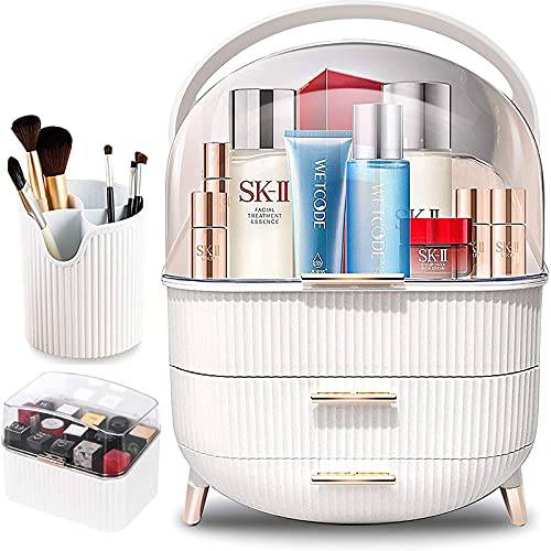Makeup Organizer, BIRDBELL Cosmetic Display Cases with Brush and Lipstick Organizer, Dust Water Proof Cosmetics Storage Display skincare Case, Suitable for Bathroom and Bedroom Vanity Dresser (White)