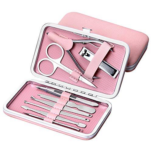 JIUKE Professional Nail Care Manicure Set of 9Pcs,Stainless Steel Pedicure Tool,Finger File Nail Clippers Grooming Kit,With Pink Travel Size Case for Women