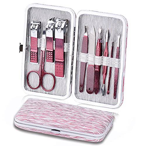 Manicure Set 10 in 1 Stainless Steel, Nail Clippers Scissors Pedicure Tools Kit - Portable Travel Grooming Kit for Men and Women with Leather Case (Rose Red)