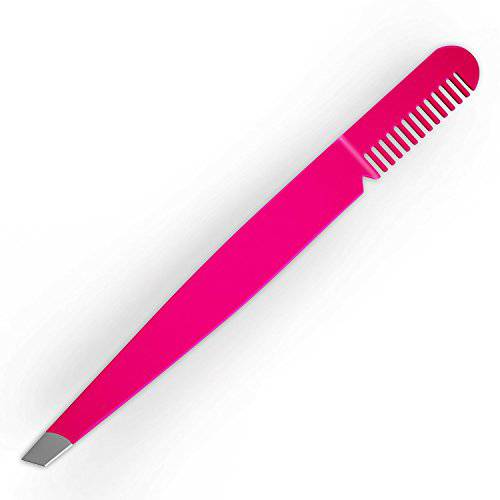 Amaok Eyebrow Tweezer with Comb - Slant Tip, Bright Pink - BOGO SALE Offer - Details Below.