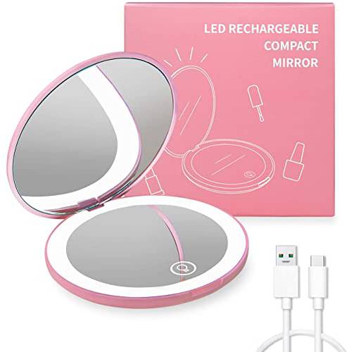 Kintion Compact Mirror with Light, 1X/10X Magnification Travel Mirror, Rechargeable Pocket Mirror LED Purse Mirror, 2-Sided, Folding, Handheld, Round, Small Makeup Mirror with Light for Gift (Pink)