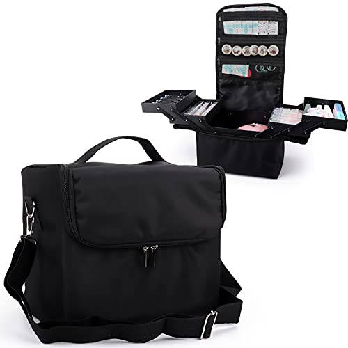 Large Makeup Carrying Train Case for Women,Black Travel Makeup Organizer Bag Storage Box,4 Tier Professional Nail Organizer Case with Adjustable Dividers for Nail Tools Jewelry MakeUp Brushes Toiletry